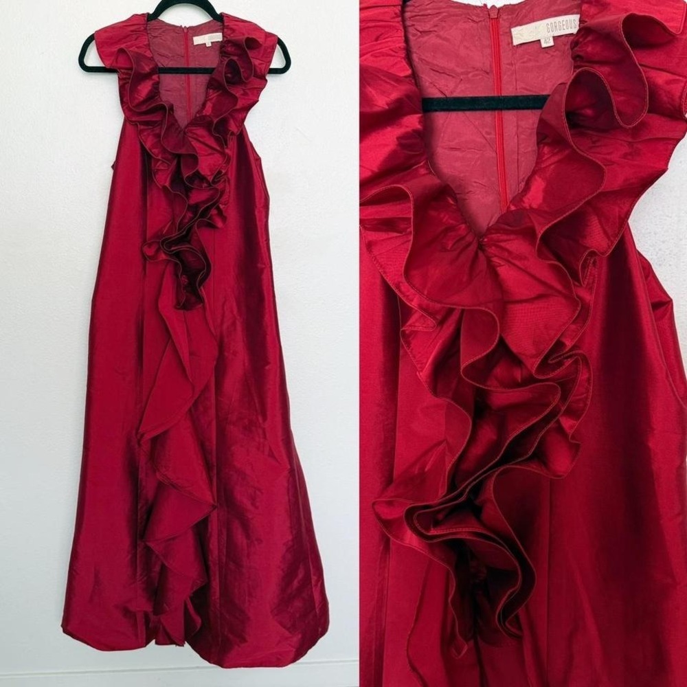 Red Taffeta Cascading Ruffle Maxi Gown Wedding Guest Formal Dress M - Picture 10 of 10